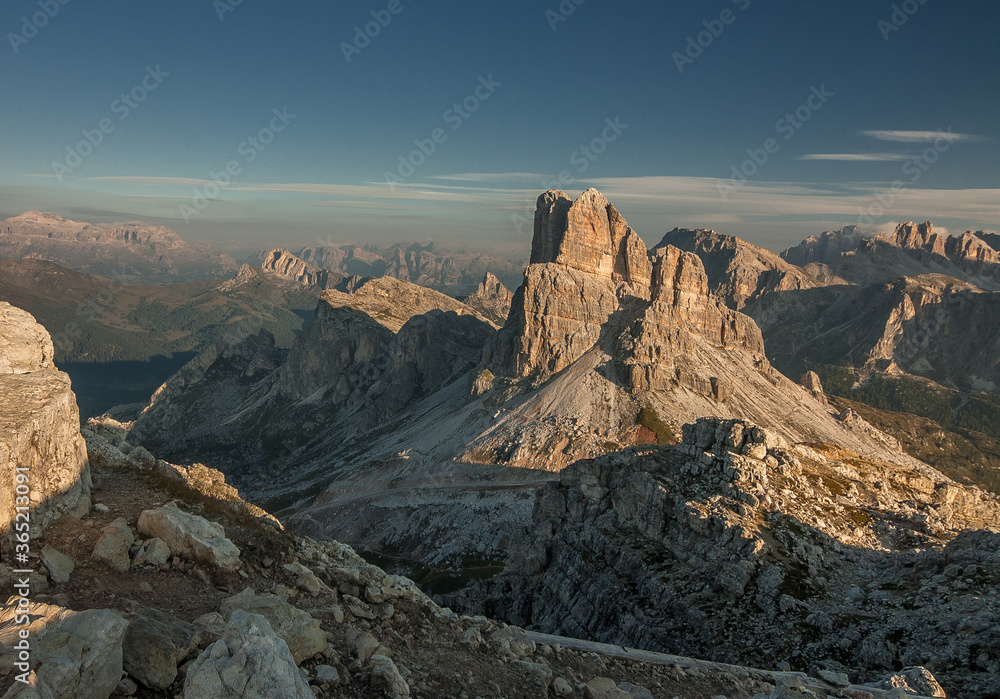 Averau mountain, the highest in Nuvolau group, as seen early in the morning from Nuvalau refuge, Alta Via 1 trek, Cortina d'Ampezzo, Belluno province, Dolomites, South Tyrol, Italy.