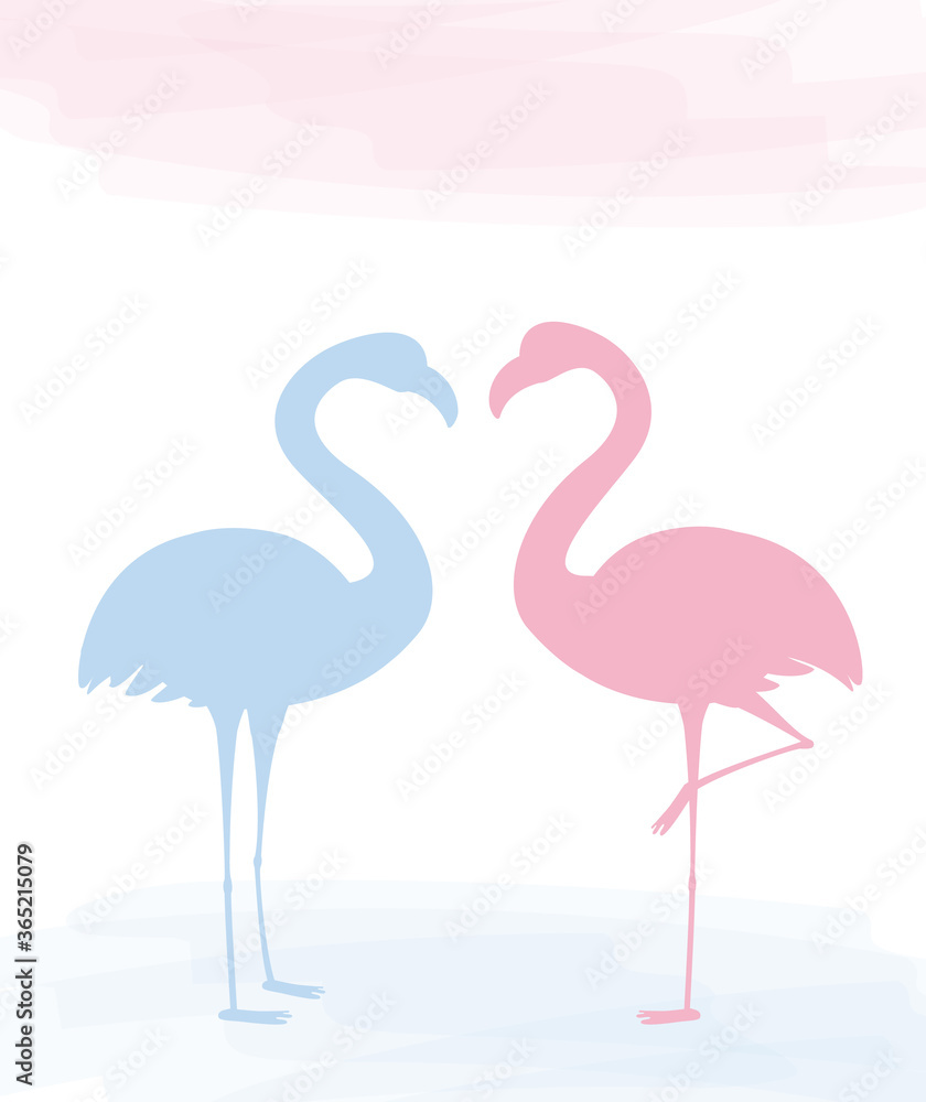 Obraz premium Two charming pink flamingo in love, Valentine day card.