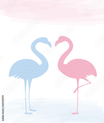 Two charming pink flamingo in love  Valentine day card.