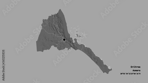 Debubawi Keyih Bahri, region of Eritrea, with its capital, localized, outlined and zoomed with informative overlays on a bilevel map in the Stereographic projection. Animation 3D photo