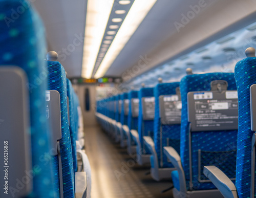 Looking down the aisle of Commuter Train in Japan with empty seats due to Covid 19. Pandemic has hurt all transportation industries globally. (ID: 365216865)