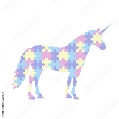 Vector illustration of unicorn silhouette with puzzle pattern isolated on white background © megasja