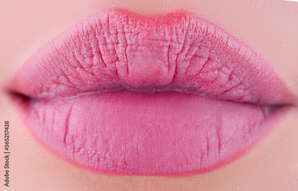 Matte shiny pink lips. Shiny lipstick. Pink sexy lips. Beautiful plump