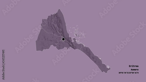 Maekel, region of Eritrea, with its capital, localized, outlined and zoomed with informative overlays on a administrative map in the Stereographic projection. Animation 3D photo