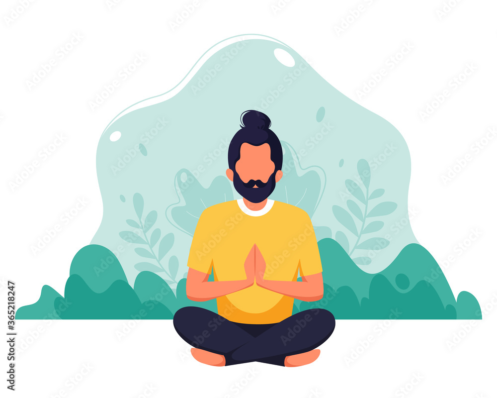 Man meditating on nature background. Concept illustration for healthy lifestyle, yoga, meditation, relax, recreation. Vector illustration in flat style.
