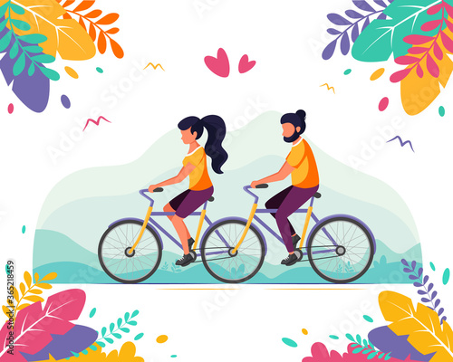 Man and woman riding tandem bicycle. Healthy lifestyle, summer time, cycling. Vector illustration