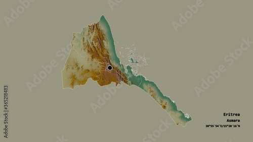 Semenawi Keyih Bahri, region of Eritrea, with its capital, localized, outlined and zoomed with informative overlays on a relief map in the Stereographic projection. Animation 3D photo