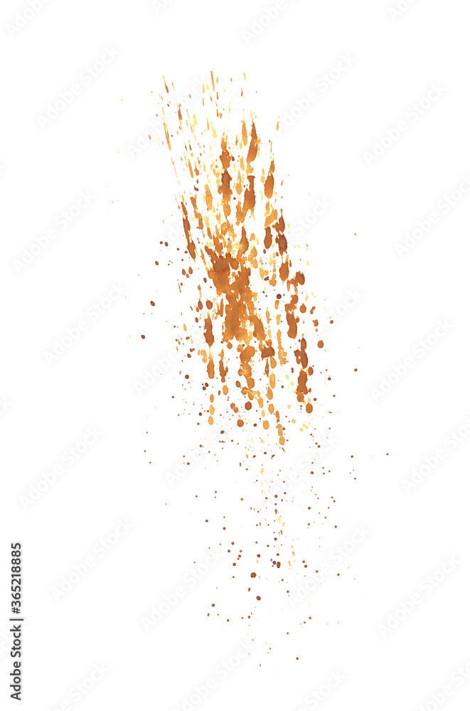 A watercolor orange spot with splashes paint isolated on a white background. Copper, ochre. Abstraction