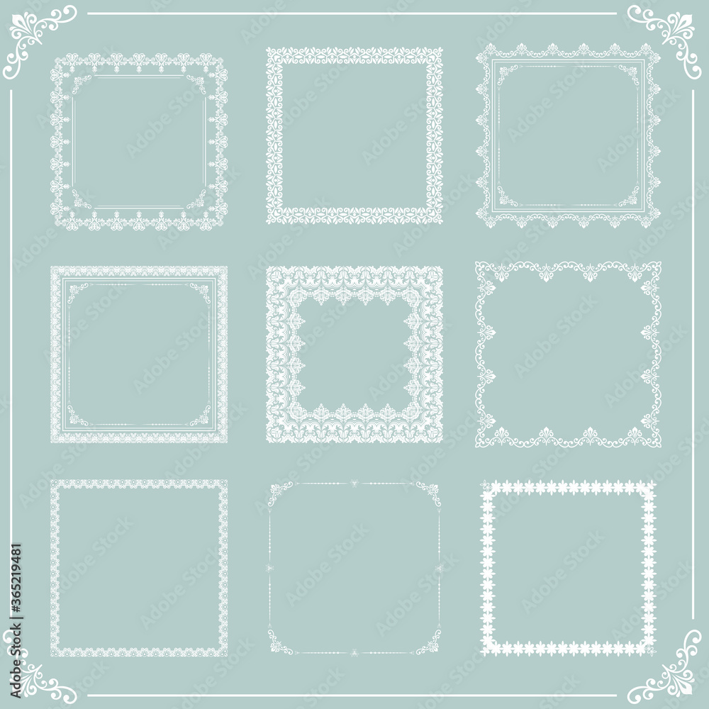 Vintage set of vector elements. Different square white elements for decoration and design frames, cards, menus, monograms. Classic patterns. Set of vintage patterns