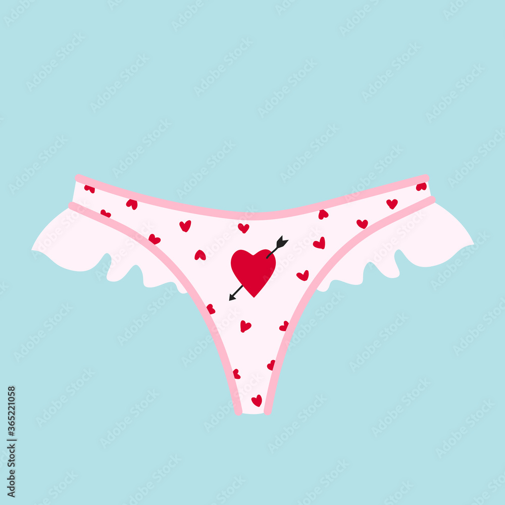 Pink female thongs with a red heart. Trendy female underwear. Modern hand-drawn women's underwear. Beautiful pattern panties. Sensuality and femininity concept. Isolated illustrated element.