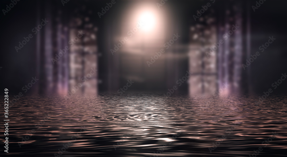 Dark neon background with rays and lines. Night view, reflection in the water of neon light. Abstract dark scene, vertical lines. 3d illustration