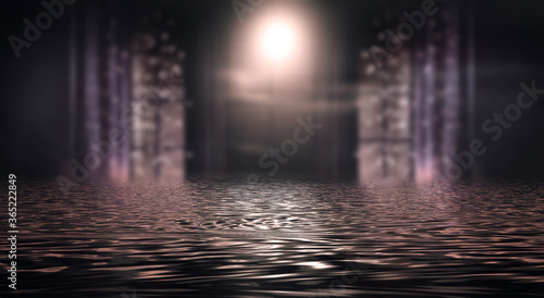 Dark neon background with rays and lines. Night view  reflection in the water of neon light. Abstract dark scene  vertical lines. 3d illustration