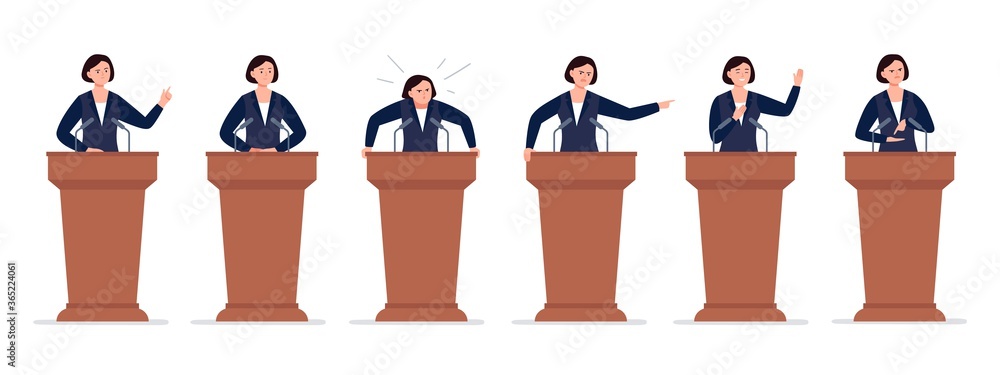 A female politician has a speech on the tribune. Different emotions of a  political candidate. Public speaking concept. Vector character in cartoon  style. Stock Vector | Adobe Stock