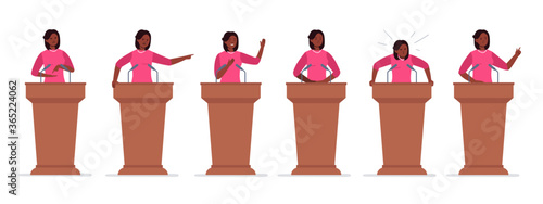 A female african-american politician has a speech on the tribune. Different emotions of a political candidate. Public speaking concept. Vector character in cartoon style.