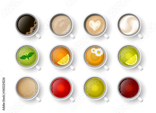 Realistic vector 3d cup of hot beverage set. Teacup with green, black lemon tea , mint, herbal chamomile tea, rooibos, Masala tea and coffee assortment cappuccino, latte, espresso, americano top view