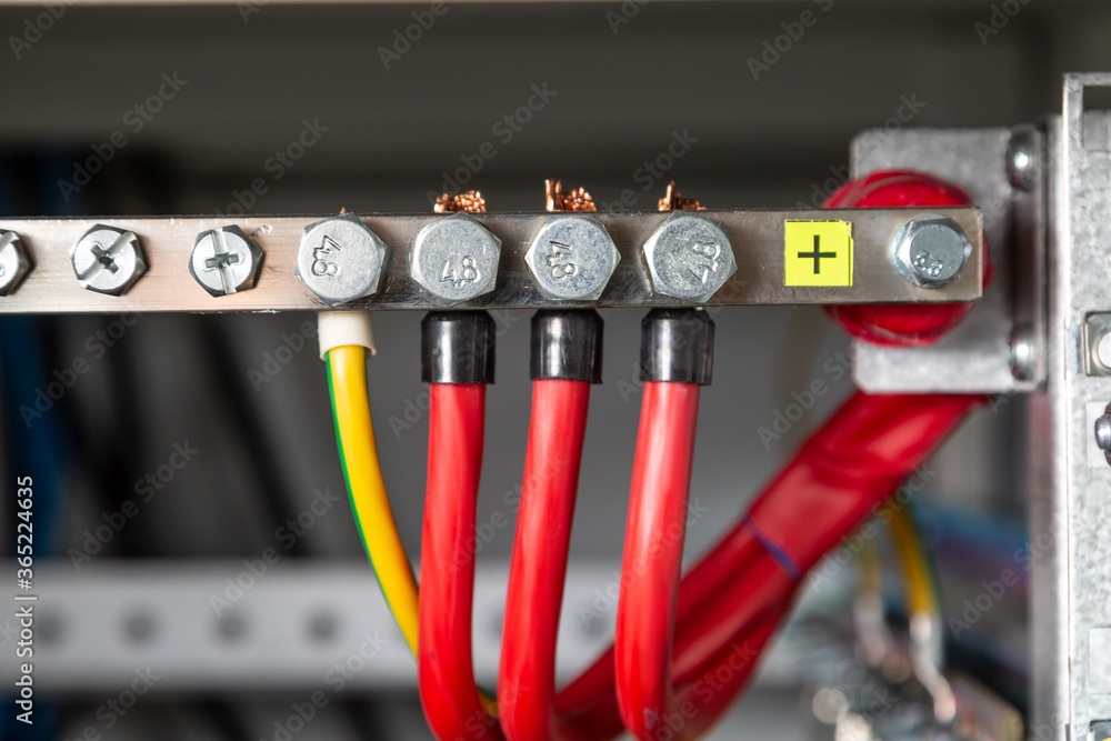 Electrical cables connected to the positive bus. Red wires and ground