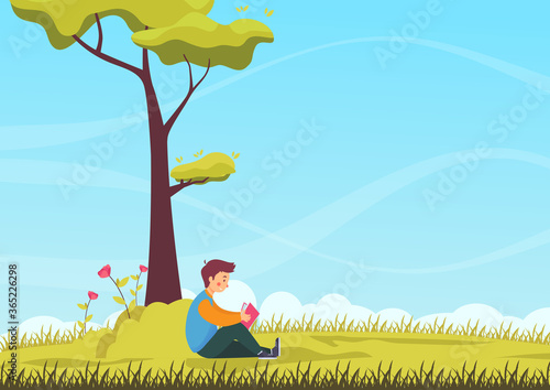 the kid read a book sit on the ground with nature background vector