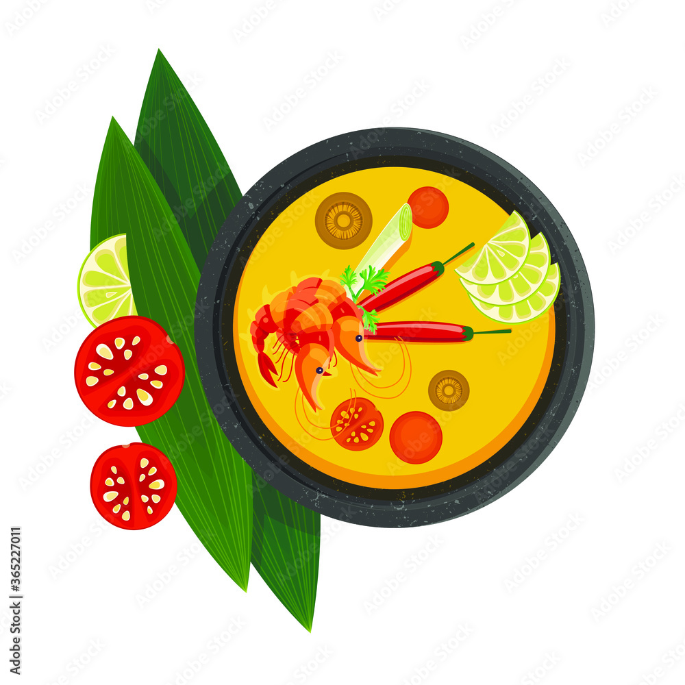 Cartoon Tom Yum soup with shrimp, tomato, chili pepper, mushroom, cherry  tomato, lime. Food illustration on white background. Asian food Stock  Vector | Adobe Stock