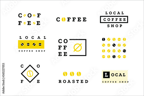 Coffee logo set. Minimal drink label, cafe corner emblem trendy line hipster style, cafeteria classic coffee bean sign badge, vector stamp illustration