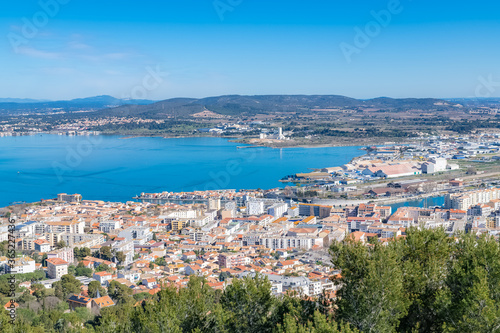 Sète in France, aerial panorama, the harbor and the city with typical tiles roofs 