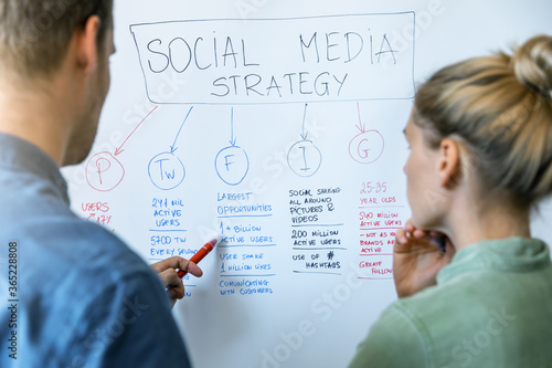 social media and influencer marketing concept - people discussing strategy plan on whiteboard in office photo