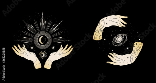 Magical hands. Two hands, the sun, crescent, stars and moon phases.