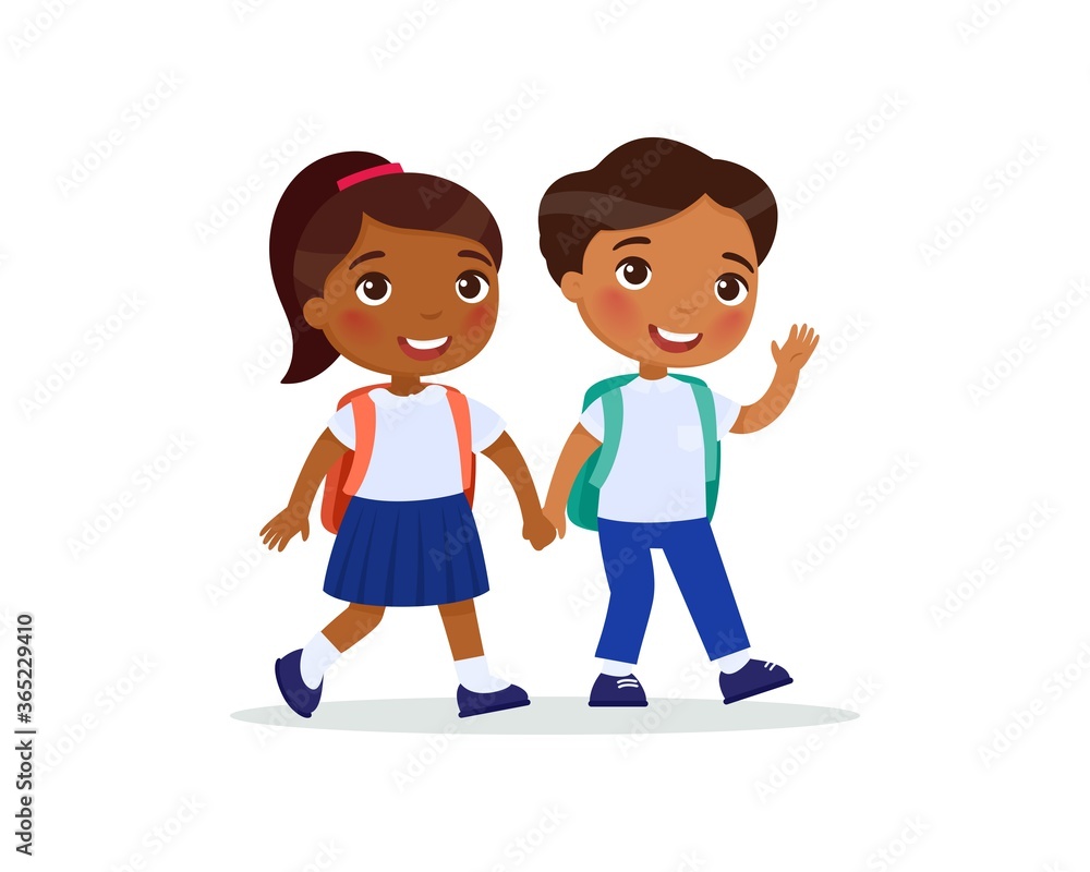 Schoolmates going to school flat vector illustration. Dark skin couple pupils in uniform holding hands isolated cartoon characters. Happy elementary school students with backpack back 