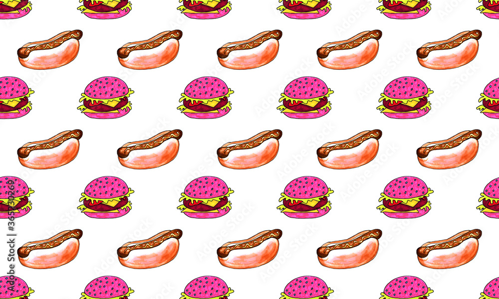 Seamless pattern with burger and hot dog. Hand drawn marker fast food illustration. Delicious food Seamless pattern with burger and hot dog. Hand drawn marker fast food illustration. Delicious food