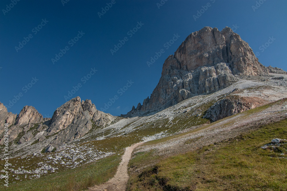 Averau mountain, the highest in Nuvolau mountain group, as seen from the trail to Passo Giau, Alta Via 1 trek, Belluno province, Dolomites, Italy.