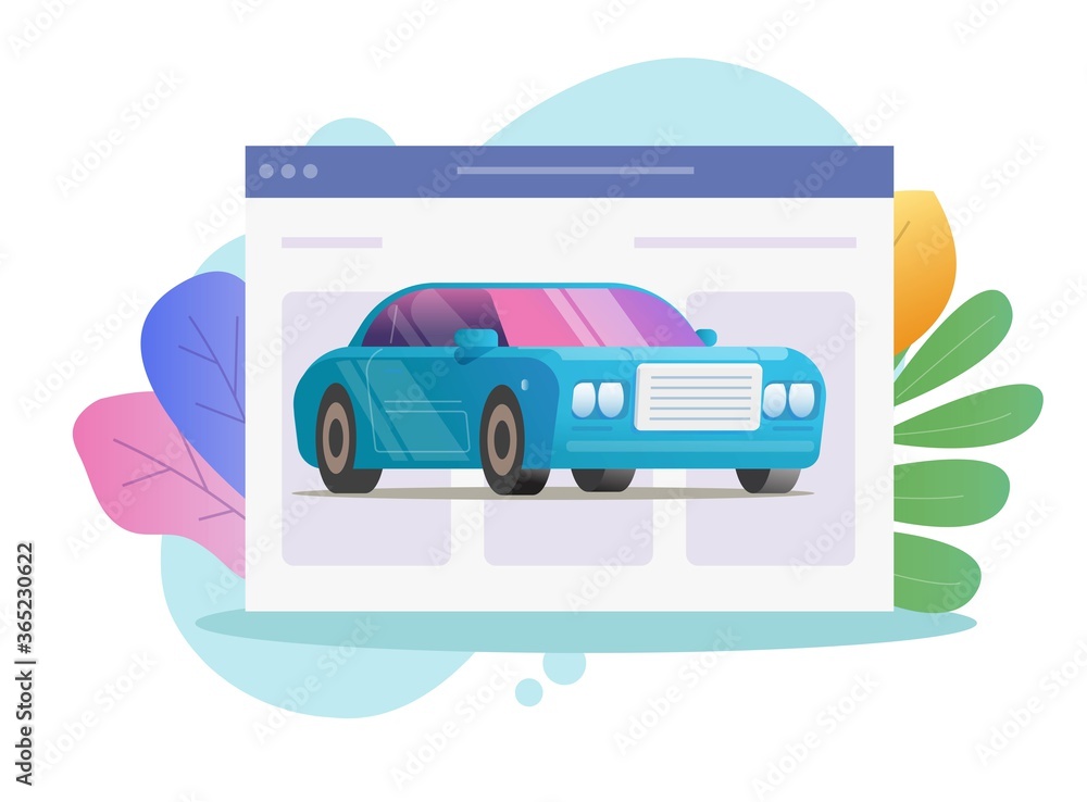 Car vehicle online service web shop vector on internet website page flat cartoon illustration, idea of automobile rental or buying digital store modern design Car vehicle online service web shop vector on internet website page flat cartoon illustration, idea of automobile rental or buying digital store modern design