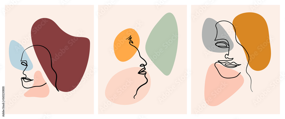 Set of Modern abstract faces in hand drawn outline style. Trendy one line woman portrait. Contemporary female silhouettes. Continuous line, minimalistic concept with abstract pastel shapes. Set of Modern abstract faces in hand drawn outline style. Trendy one line woman portrait. Contemporary female silhouettes. Continuous line, minimalistic concept with abstract pastel shapes.