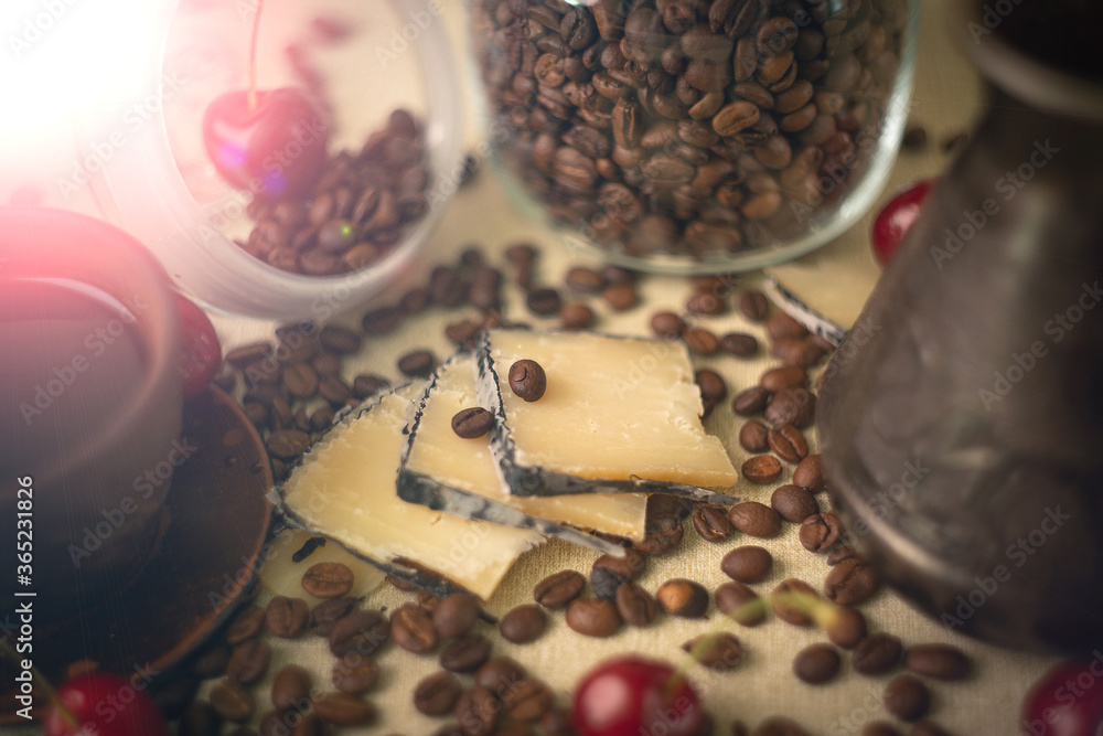 spilled coffee beans, and cheese spilled coffee beans, and cheese