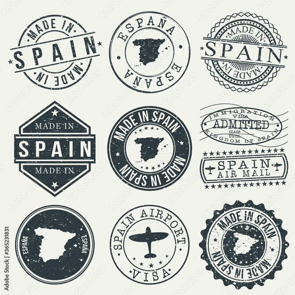 Spain Set of Stamps. Travel Stamp. Made In Product. Design Seals Old Style Insignia.