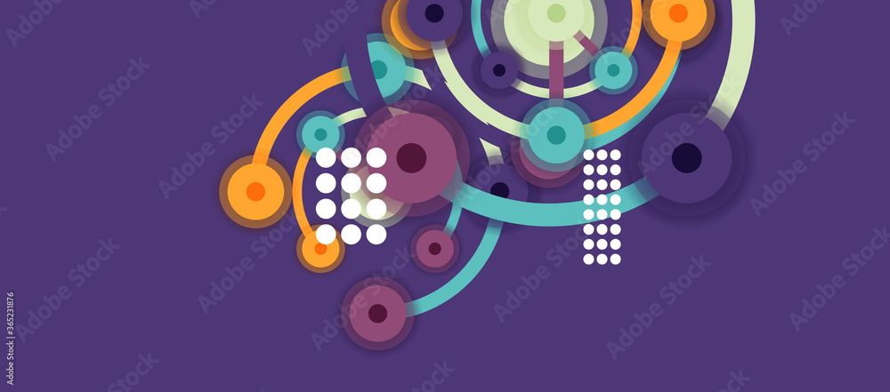 Flat style geometric abstract background, round dots or circle connections on color background. Technology network concept. Flat style geometric abstract background, round dots or circle connections on color background. Technology network concept.
