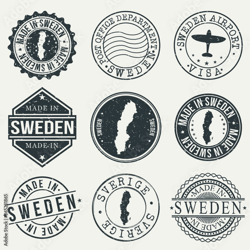 Sweden Set of Stamps. Travel Stamp. Made In Product. Design Seals Old Style Insignia.