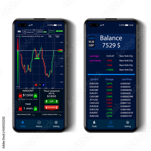Trading on a smartphone screen, binary options interface, realistic smartphone on a white isolated background, vector illustration