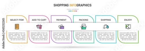 Concept of shopping process with 6 successive steps. Six colorful graphic elements. Timeline design for brochure, presentation, web site. Infographic design layout.