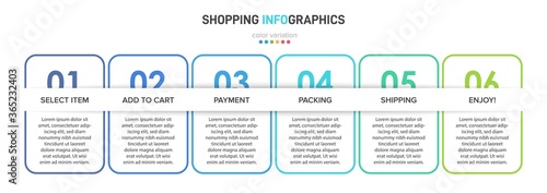 Concept of shopping process with 6 successive steps. Six colorful graphic elements. Timeline design for brochure, presentation, web site. Infographic design layout.