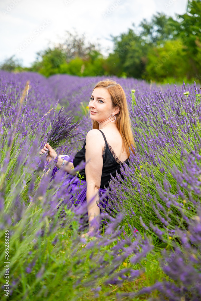 Woman walks with bouquet in lavander field, Czech republic Woman walks with bouquet in lavander field, Czech republic