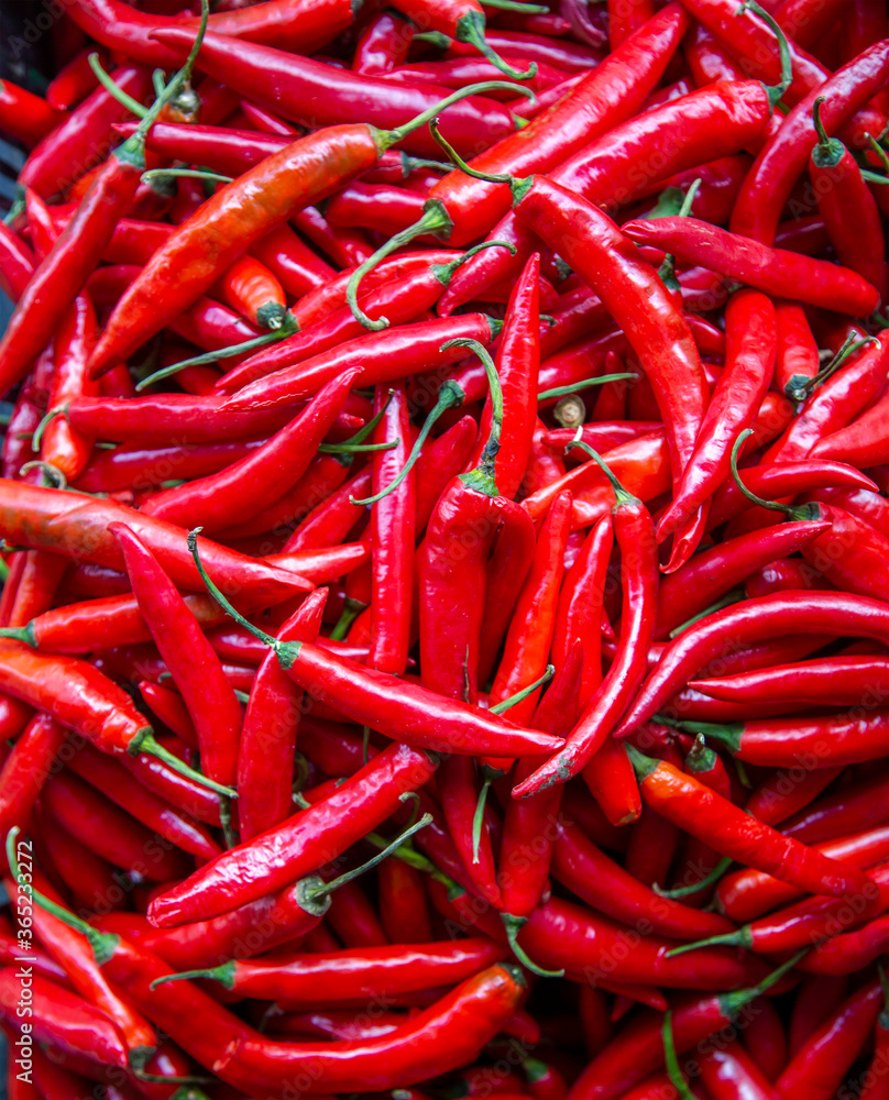 Organic fresh red hot chili pepper at asian market in Vietnam
