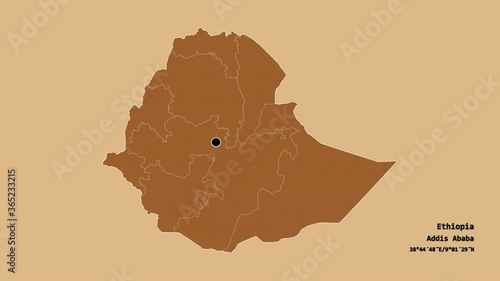 Benshangul-Gumaz, state of Ethiopia, with its capital, localized, outlined and zoomed with informative overlays on a solid patterned map in the Stereographic projection. Animation 3D photo