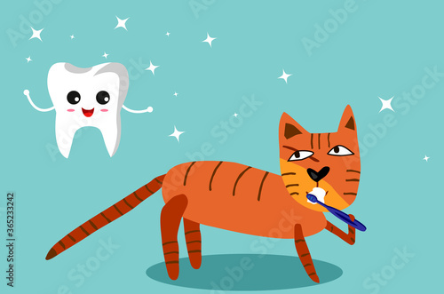 The kitten is brushing its teeth. Oral hygiene. Tooth and toothbrush. Redhead. Vector illustration.