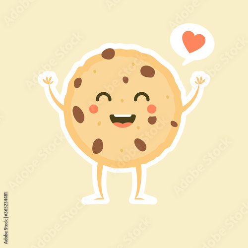 Cute cartoon chocolate chip cookie character with funny face. Cute happy cookie mascot vector illustration isolated on white. Kids menu design concept. Smiling and surprised face food emoticon