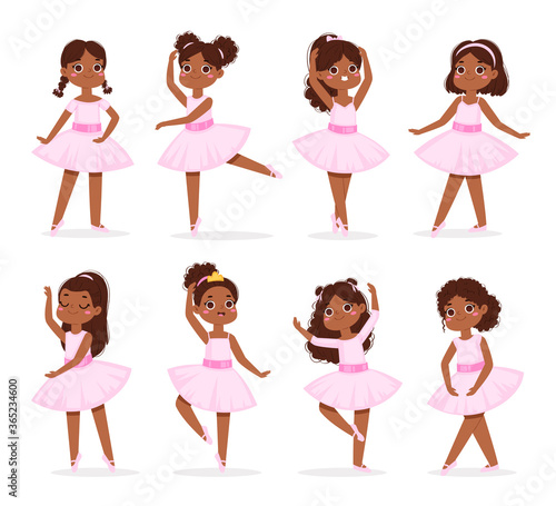 Big set of cute little African American ballerinas with various hairstyle in pink tutu dress. Ballet dancers in different poses, baby princess characters training in school class. Vector Illustration