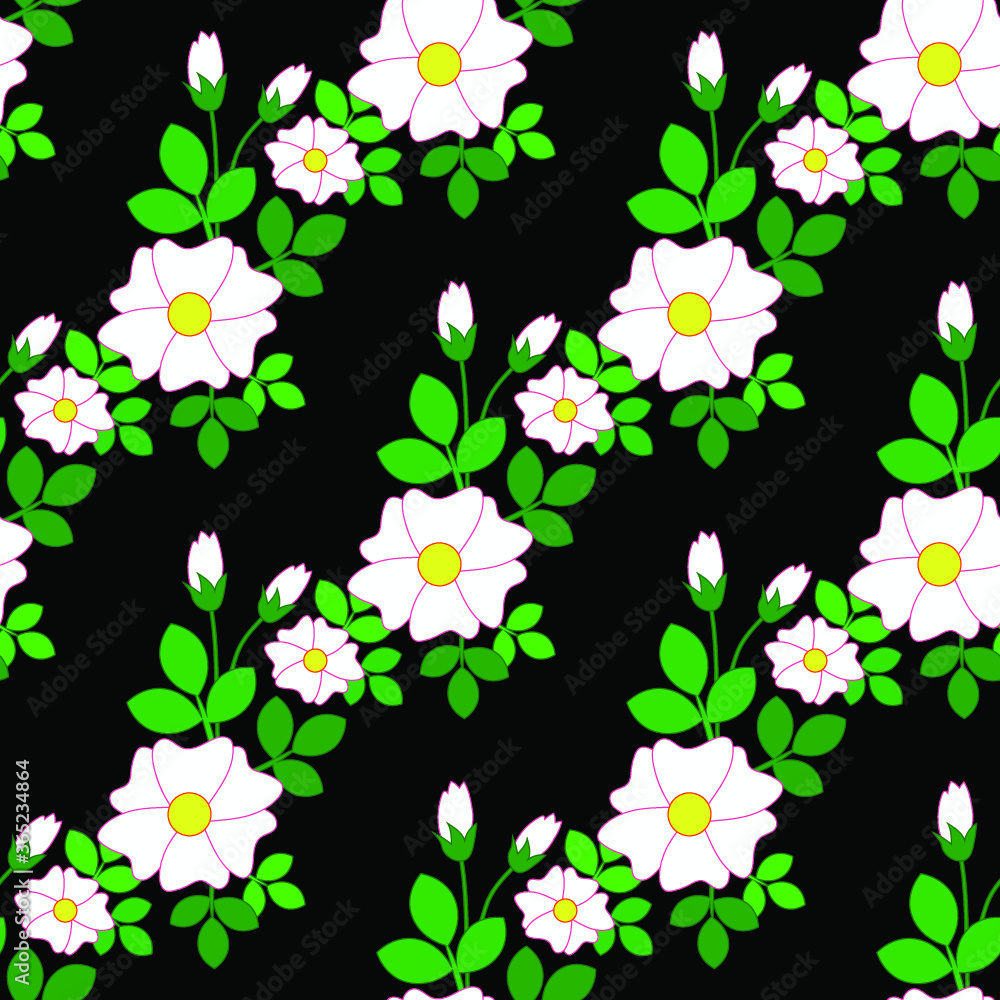 Black seamless pattern with white flowers and green leaves Black seamless pattern with white flowers and green leaves