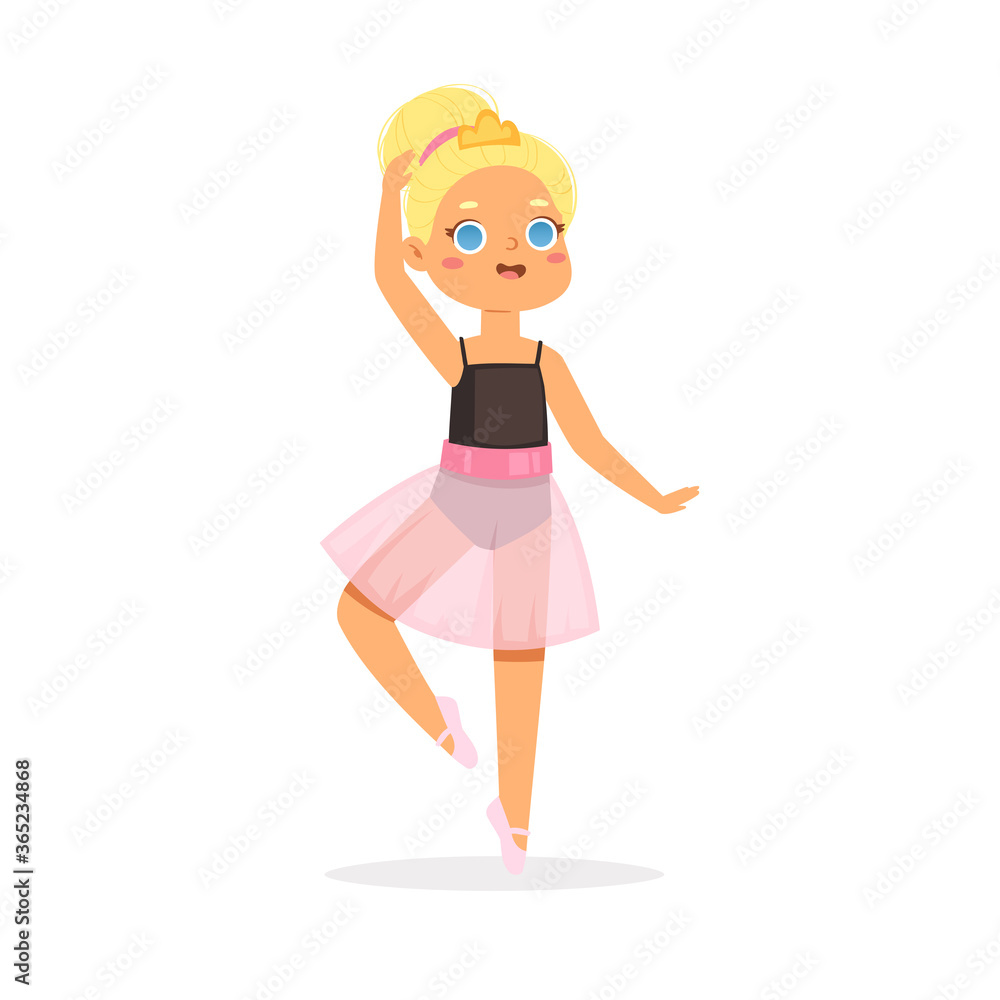 Cartoon cute little European ballerina girl with pretty red hair in pink tutu dress. Ballet dancer in elegant pose, baby princess character. Vector Illustration card, poster design, banner, web Cartoon cute little European ballerina girl with pretty red hair in pink tutu dress. Ballet dancer in elegant pose, baby princess character. Vector Illustration card, poster design, banner, web