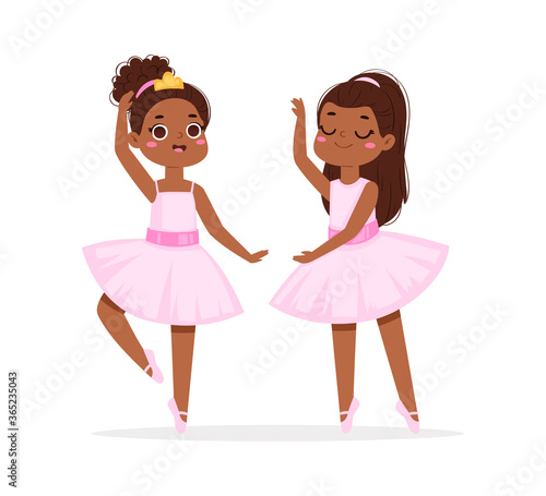 Cartoon cute little African American ballerinas with various hairstyles in pink tutu dresses. Ballet dancers in different poses, baby princess characters training in school class. Vector Illustration