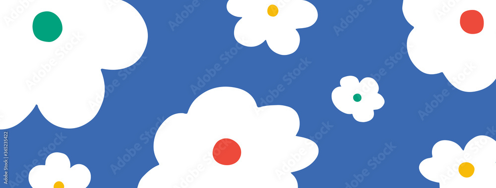 Simple cover with flat white flowers. Bold floral horizontal banner design cropped with clipping mask Simple cover with flat white flowers. Bold floral horizontal banner design cropped with clipping mask