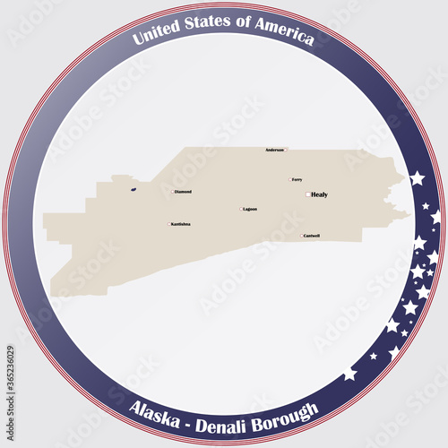 Round button with detailed map of Denali Borough in Alaska, USA.