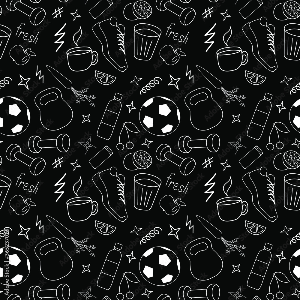 Set of white doodles on a black background, healthy lifestyle, seamless pattern Set of white doodles on a black background, healthy lifestyle, seamless pattern